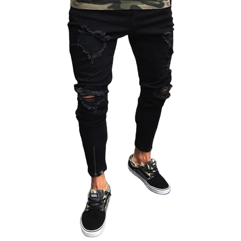 

Male's hip hop distressed streetwear slim zipper destroyed tapered figure flattering jeans biker style in stock can drop shippi, Black