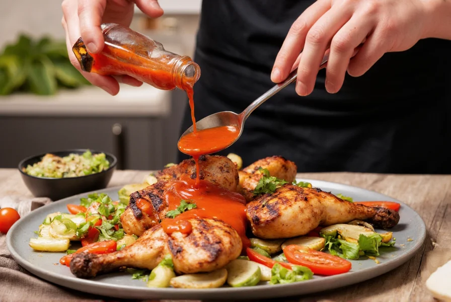 Chef's hands pouring red pepper sauce over grilled chicken and vegetables
