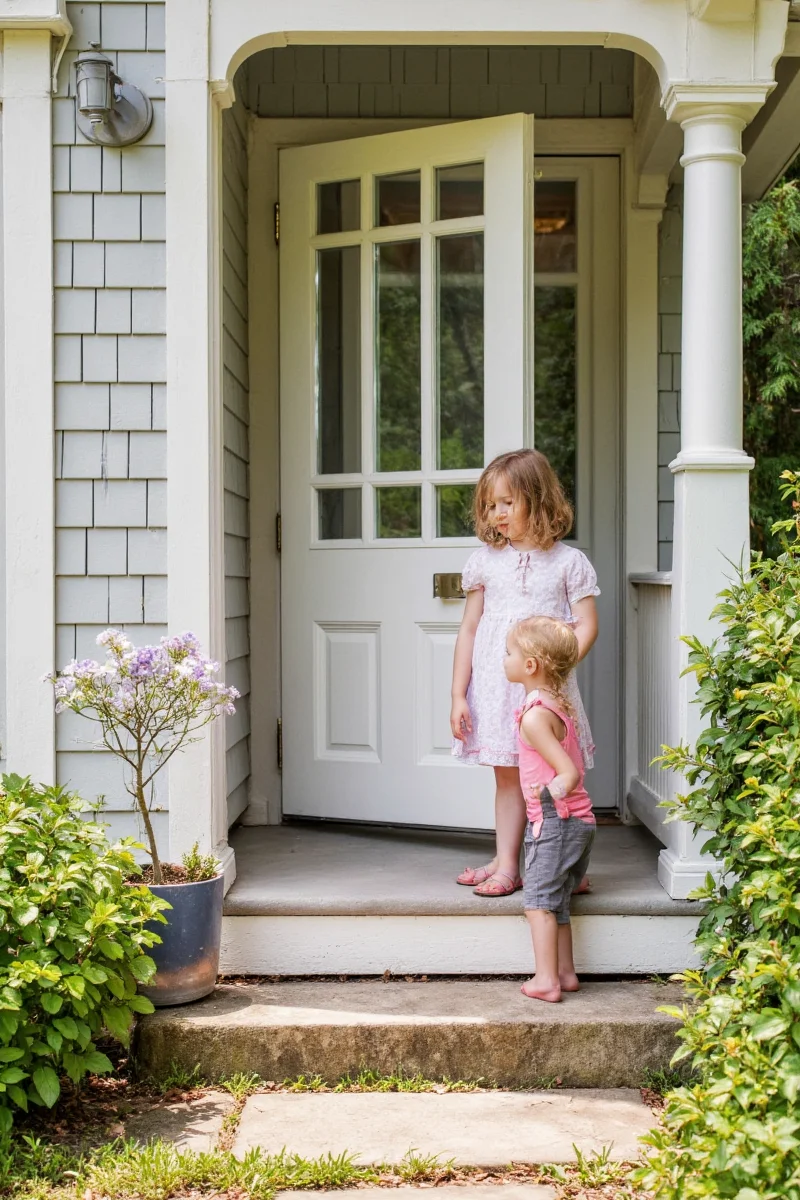 Happy family entering their garden through a charming gate.