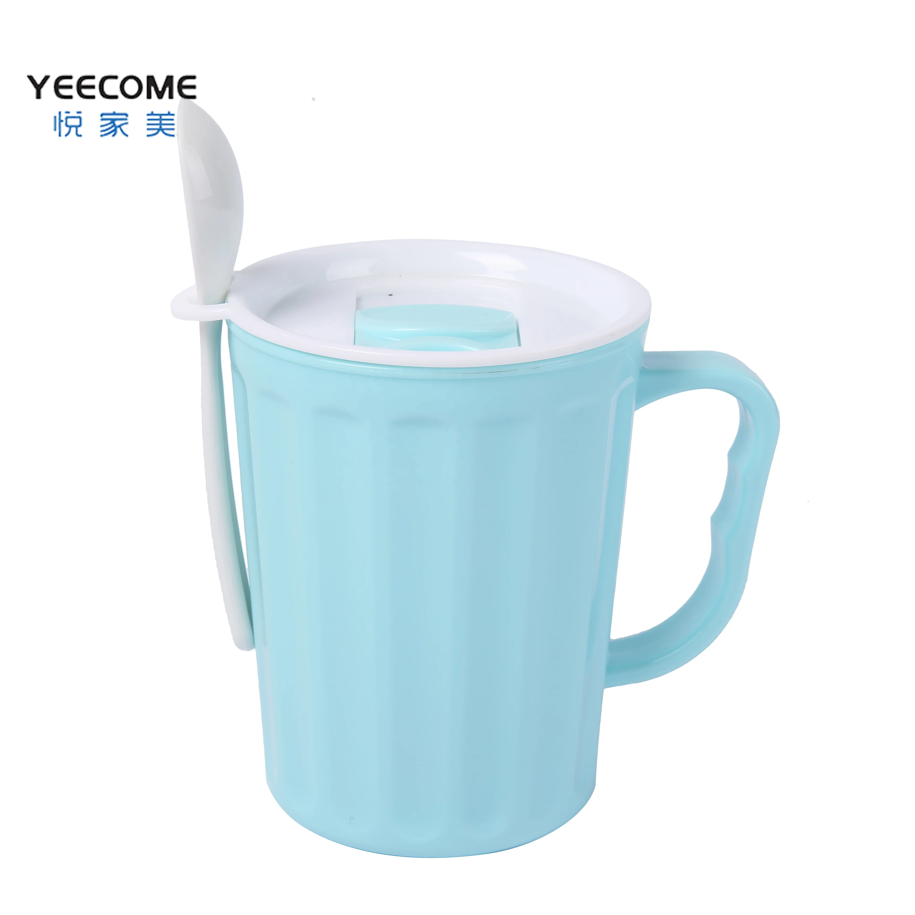 

Yeecome Label Smooth Handle Plastic Coffee Cup Solid Color Plastic Microwave Water Cup Soup Mug With Cover Spoon