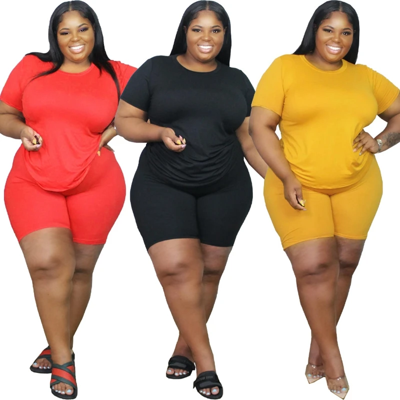 

New Plus Size Women Solid Short Sleeve Casual Sport T-Shirt Short Pants Set Two Piece Set, Yellow, black, red