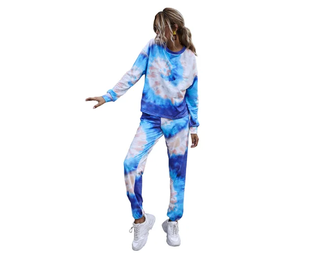 

Popular womens pyjamas tie dye sweatsuit set o-neck long sleeves top tie-dyed whole set hot sale women outfits