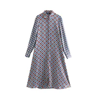 

New blue printing long sleeve geometric pattern casual women midi shirt dress