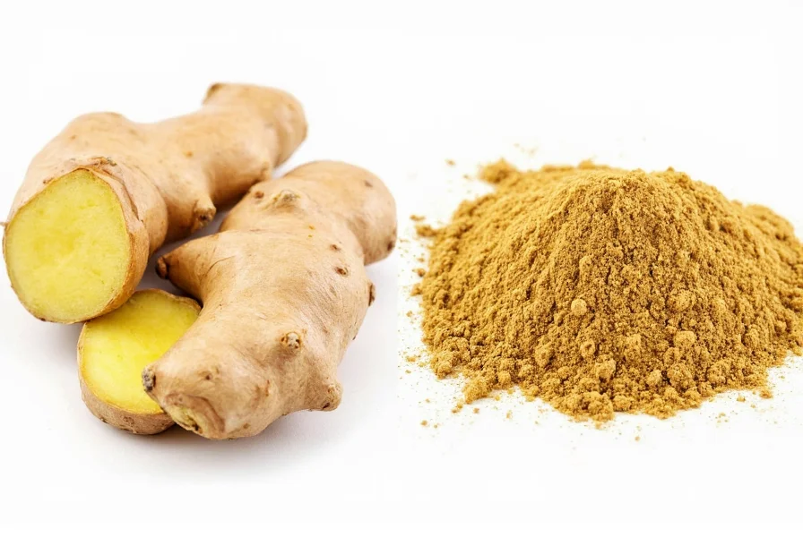Side-by-side comparison of fresh ginger root and dried ginger powder showing texture and color differences