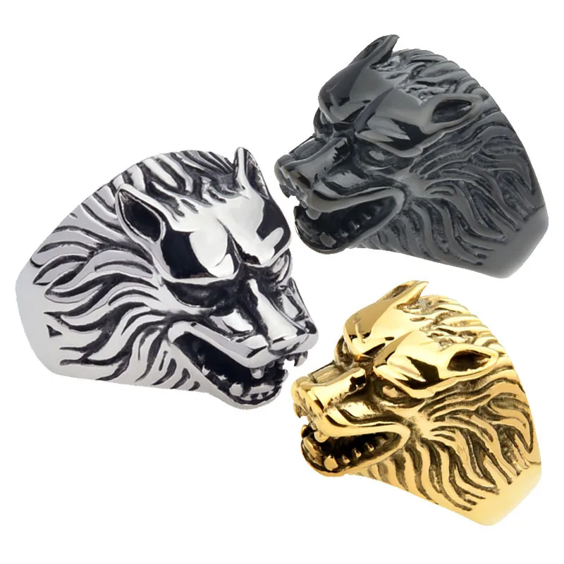 

Personality Fashion Vintage Stainless Steel Wolf Head Jewelry Men Ring, Picture shows