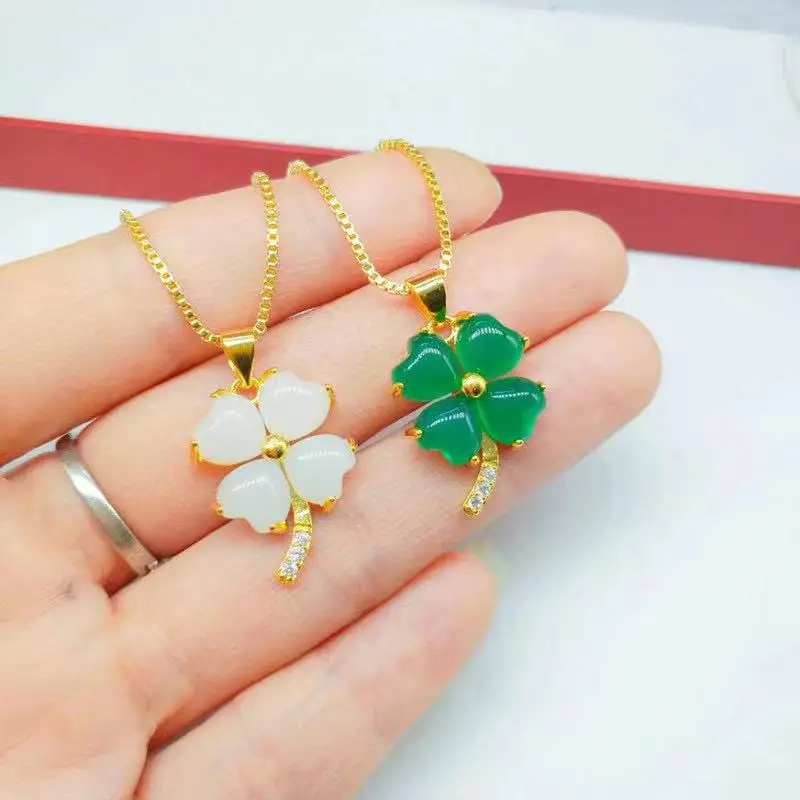 

clover necklace 2021 Jialin Jewelry 18k gold plated natural jade four leaf clover necklace pendants lucky charms for women