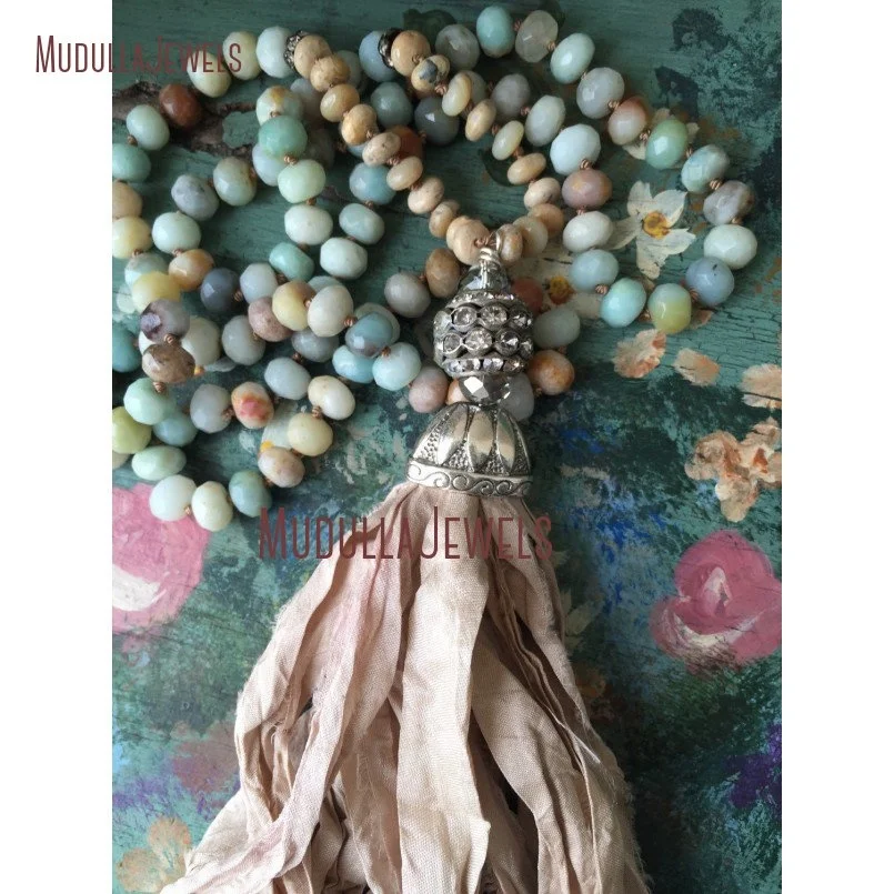

NM11395 Boho Glam Hand Knotted Faceted Amazonite Beaded Sari Silk Tassel Unique Necklace