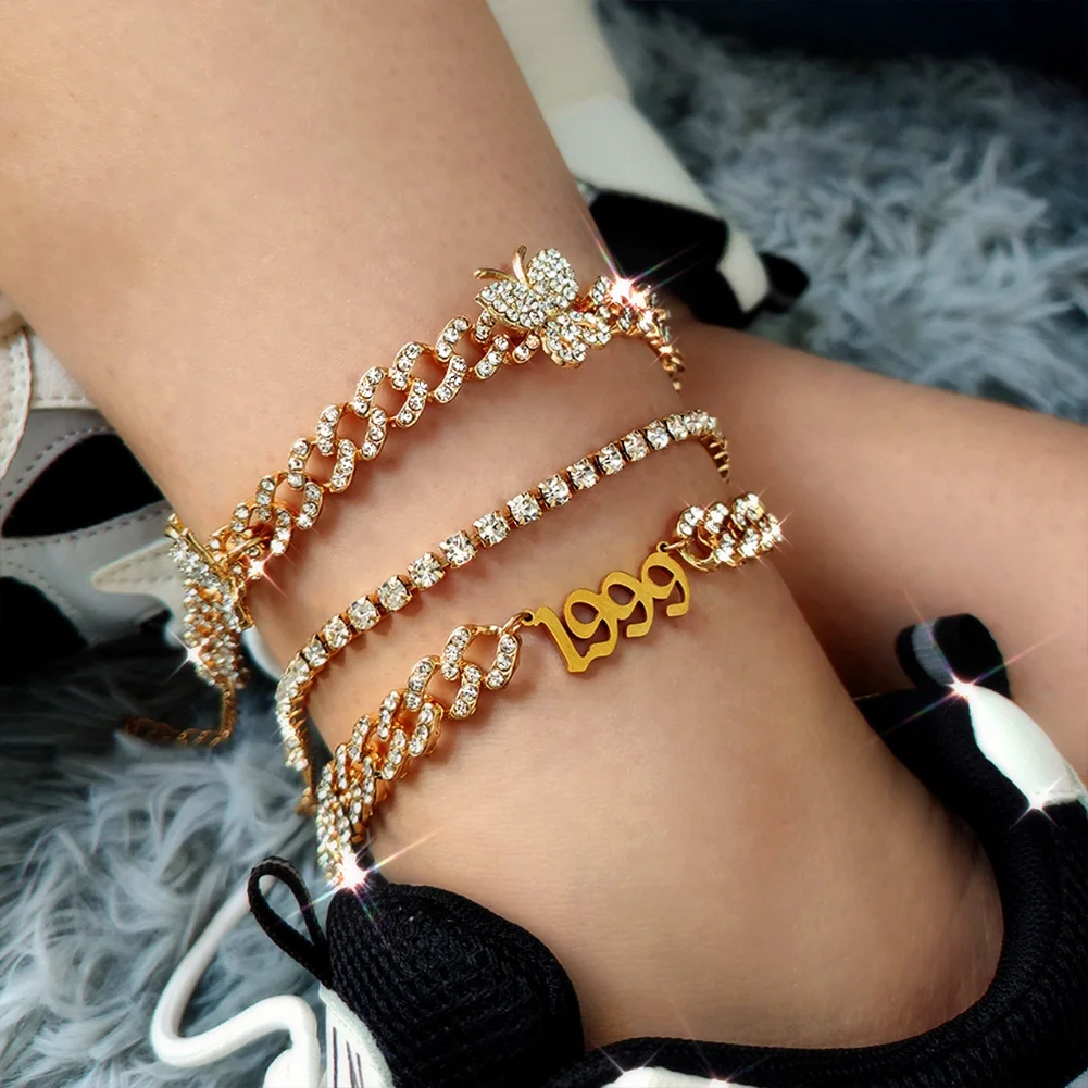 

Multi Layer Women Anniversary Jewelry Birth Year Foot Chain Crystal Butterfly Pendant Cuban Anklets, Gold silver plated