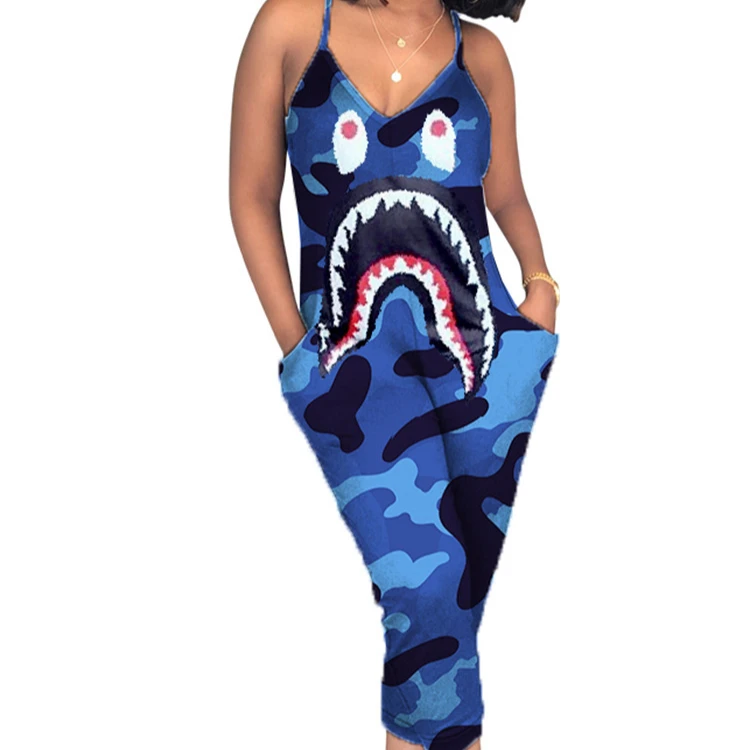 

European and American women's clothing shark mouth printed cotton fabric multicolor jumpsuit