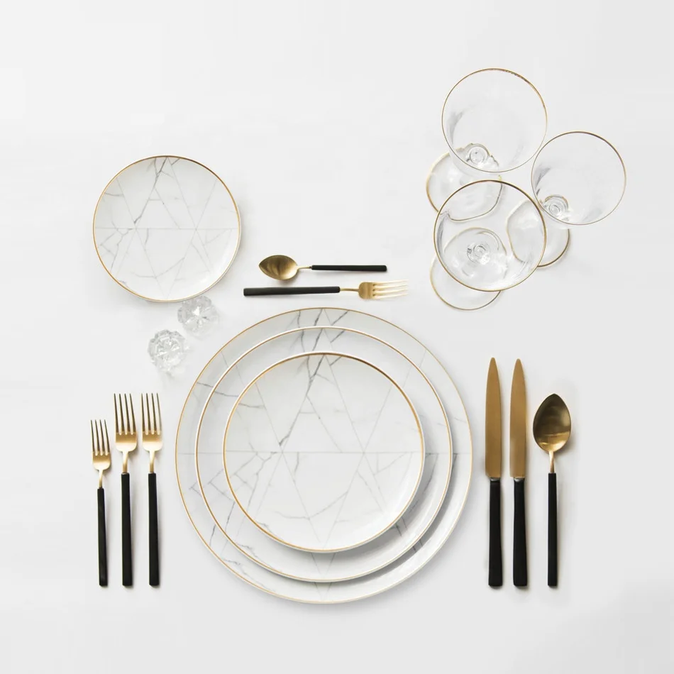 

Weekly Deals high quality marble ceramic dinner set gold rim charger plate wedding plates, As shown