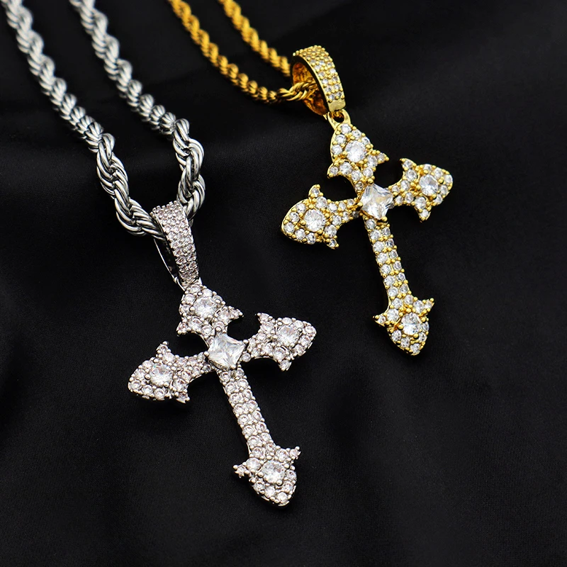 

WN072 Hip Hop Iced Out Cross Religious Jewelry Bling Zircon Gold Color Jesus Brass Pendant Stainless Steel Chain Necklace