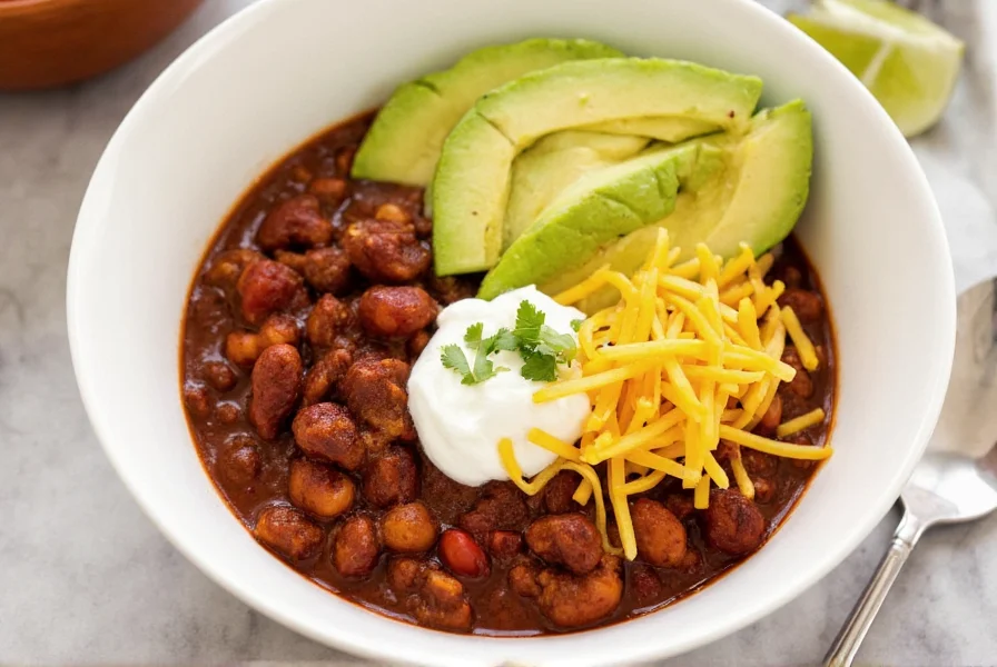 Keto chili bowl with avocado, sour cream, and cheese toppings