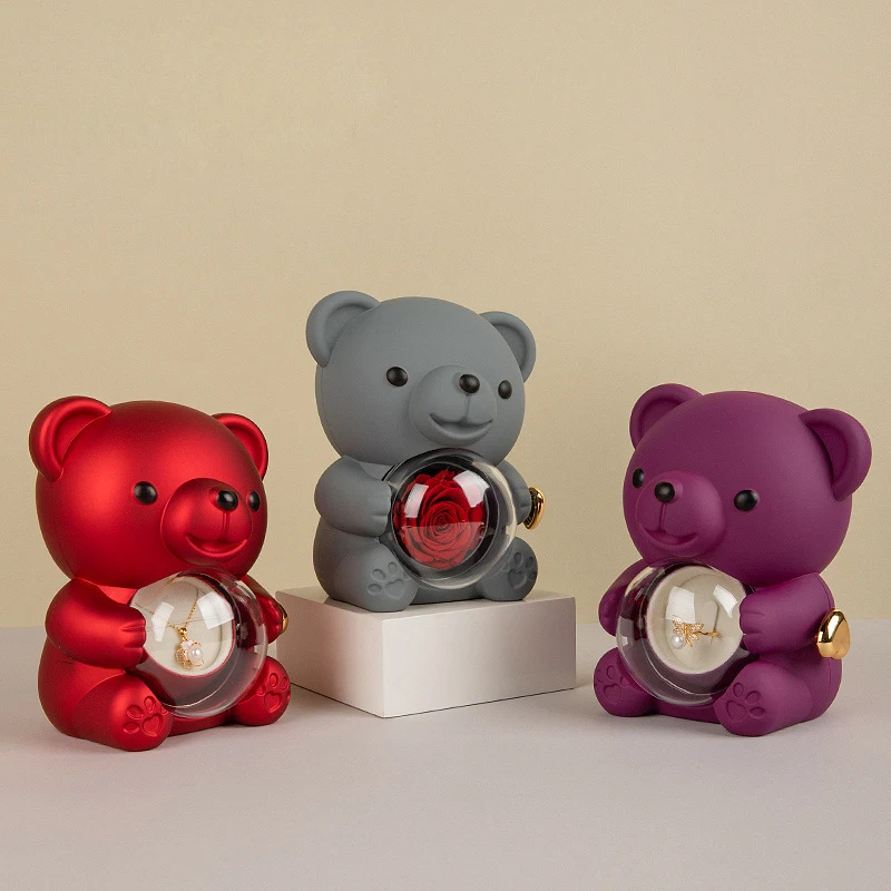 New Product Wholesale Valentine's Day Rotating Bear Rose Eternal Flower Gift Box Rotating Rose Romantic Packaging Gift