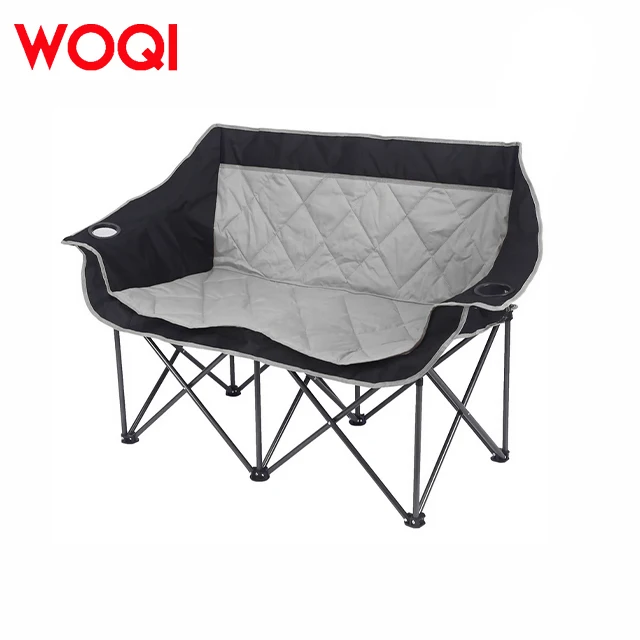 WOQI Two-Seater Iron Frame Modern Design Foldable Outdoor Camping Chair Armrests Cup Holders Portable for Picnic Hiking Hotel