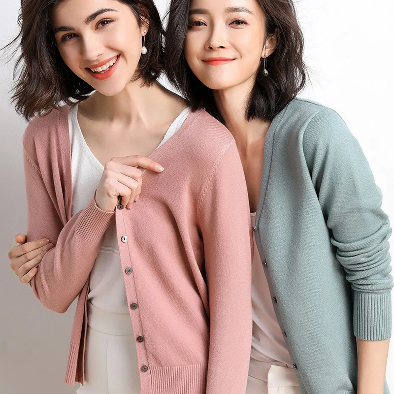 

Wholesale factory Spring solid color thin knitted Cardigan ladies V neck Slim Women Knitwear Sweater