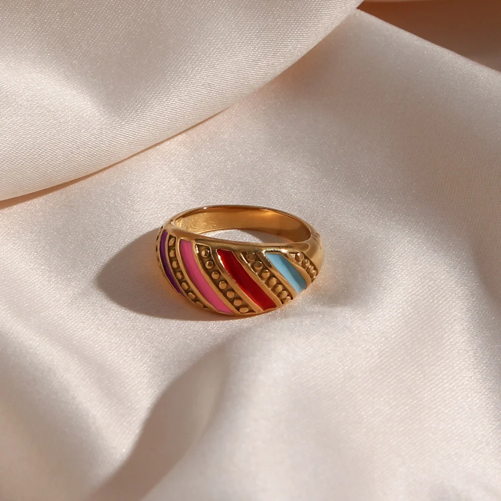 

Vintage Colorful Enamel Stainless Steel PVD 18K Gold Plated Croissant Rings For Women