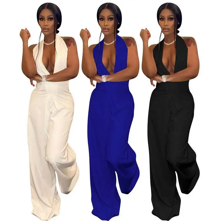 

Latest Design V Neck Solid Color Sleeveless Women Jump Suits Jumpsuits Halter Wide Leg Pants Women Elegant Jumpsuit, Picture