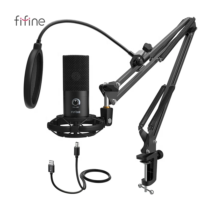 

Fifine Wholesale Condenser USB Studio Mic, Streaming Gaming Recording Microphone Kit for PC with Folding boom Microphone