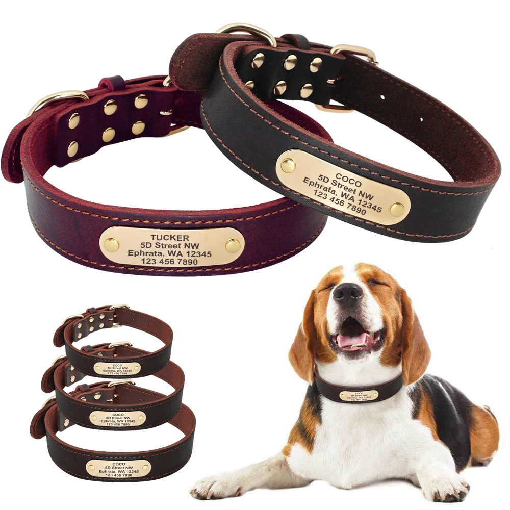 

Dog Collar Leather Personalized Medium Large Dog Collars Custom Large Pet Collars for Dogs Brown Black ID Name Plate