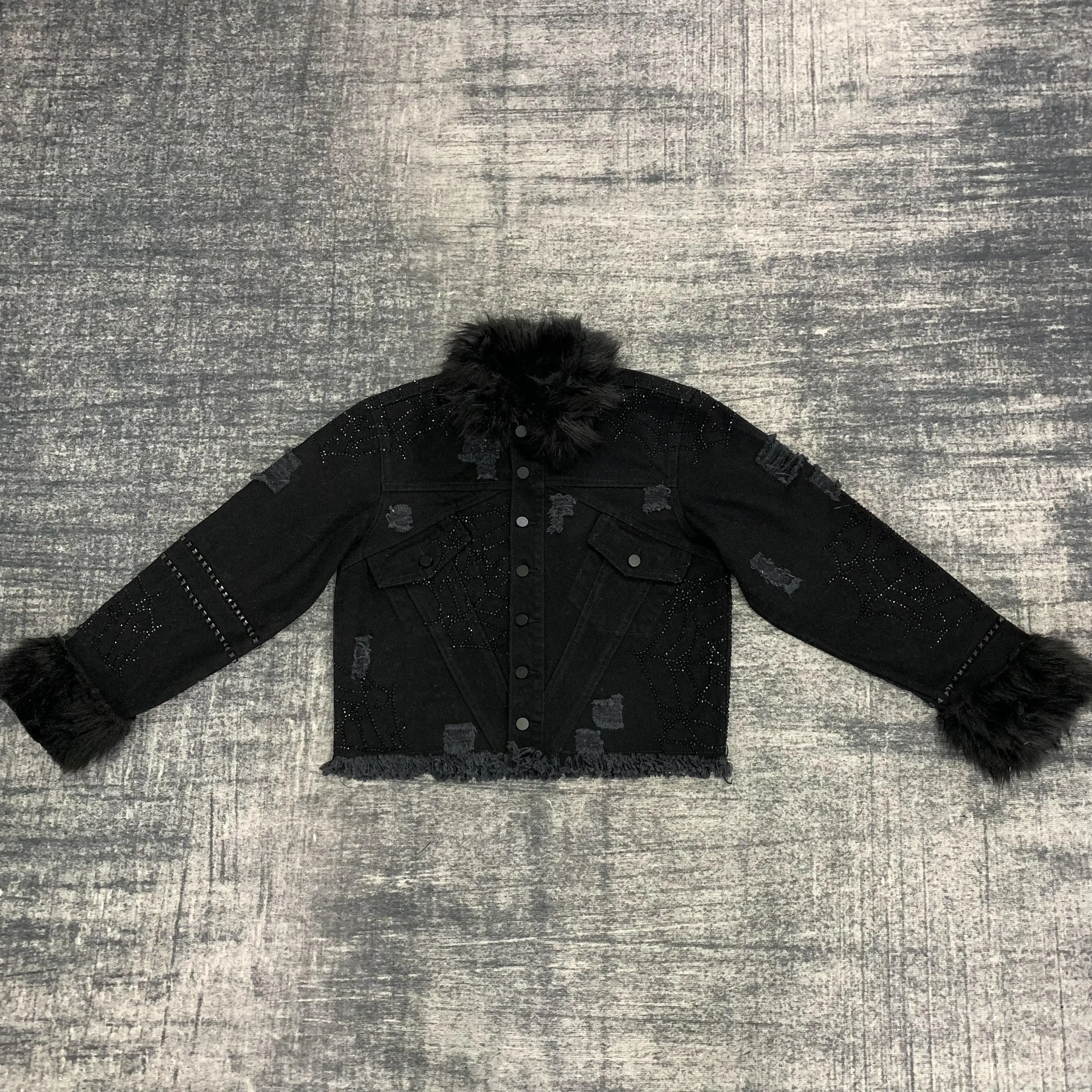 DENIMGUYS Mens Hip Hop Outerwear Custom Raw Hem Ripped Bomber Jacket With Fur Collar and Cuffs
