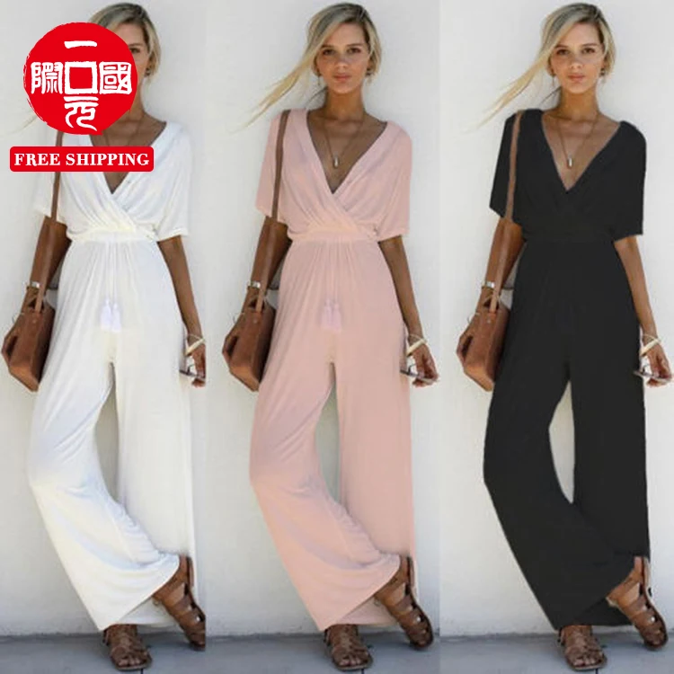 

New cross-deep V lace-up waist wide-leg pants jumpsuit