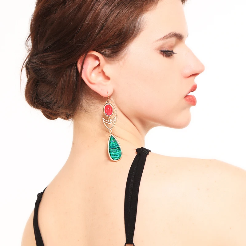 

ed0016c Green Stone Fish Hoop Earrings, Simple Bohemian Style Hot Green Noble Natural Stone Jewelry, Gold
