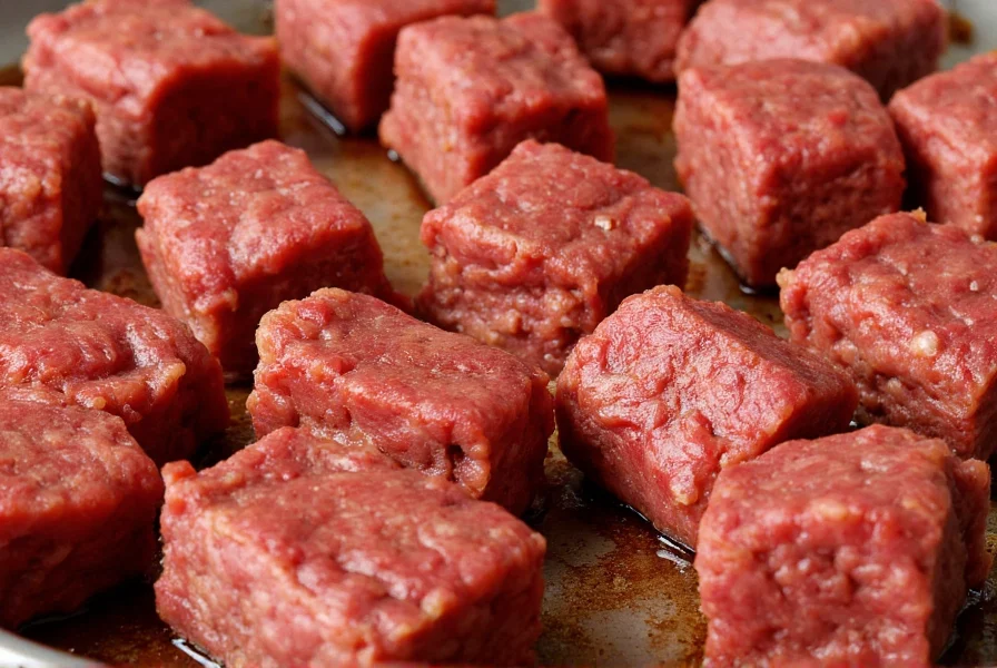 Close-up of perfectly seared beef cubes for chili recipe with spices visible