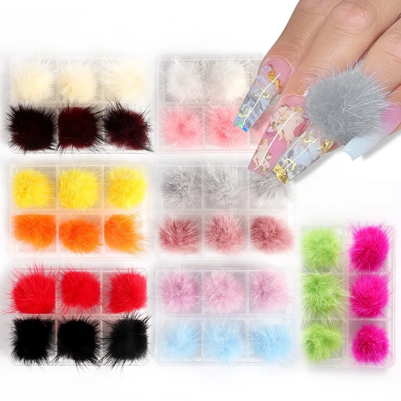 

3D 6PCS/Box Fashion Nails DIY Accessories Custom LOGO Manicure Nail Art Detachable Magnet Fur Pom pom Balls Fluffy Nail Charms, Picture