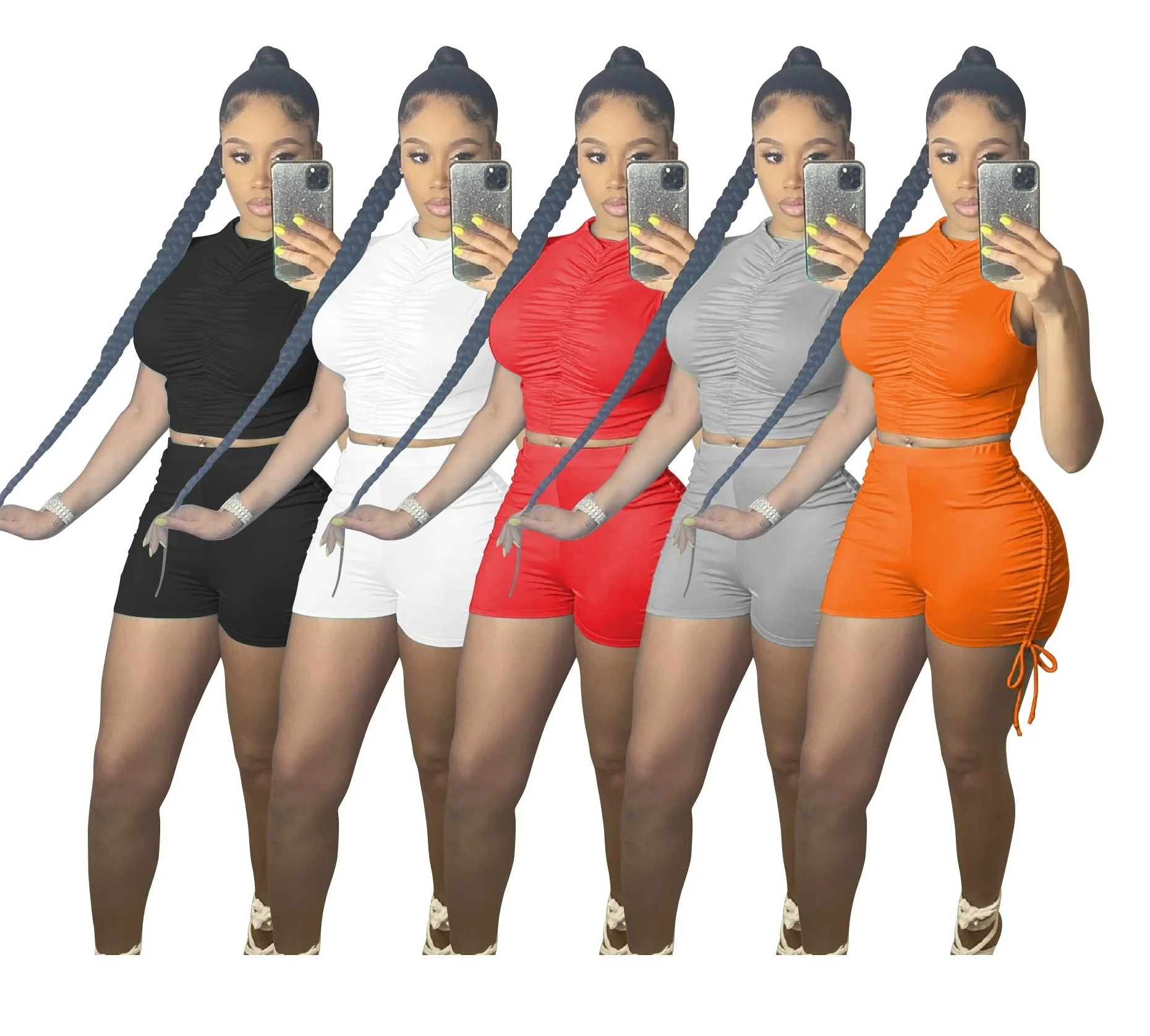 

2021 Summer Two Piece Sets Sleeveless Two Piece Sets Ruched Shorts Drawstring Stacked Outfits Biker Shorts Set For Women, Picture