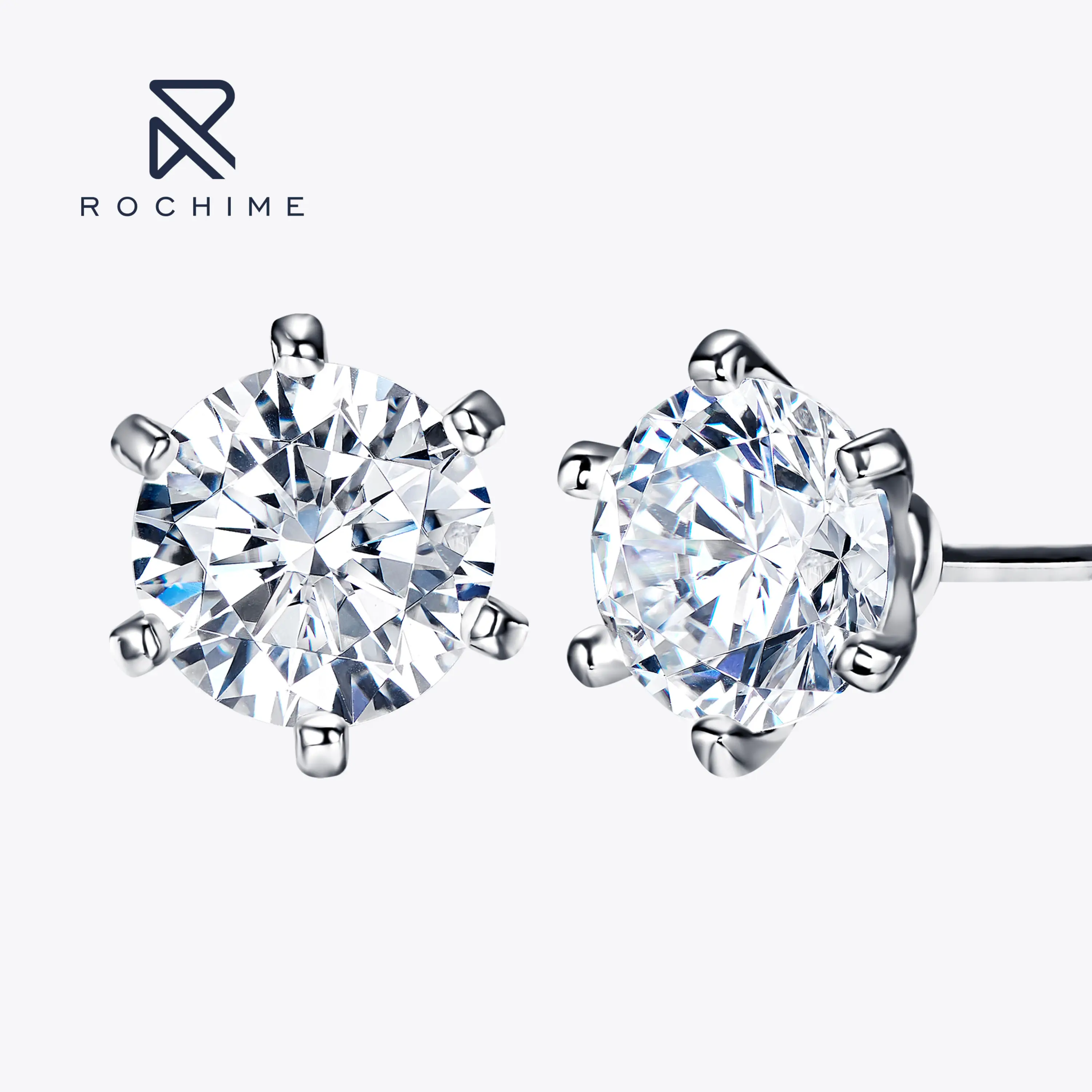 Rochime Six Prong Round Brilliant  Diamond Earstuds 925 Sterling Silver Rhodium Plated 5a Zircon Jewelry for Women