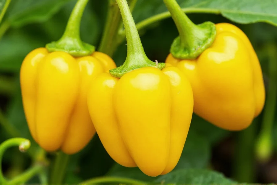 Close-up photograph of ripe lemon drop peppers on plant showing their distinctive teardrop shape and vibrant yellow color against green foliage