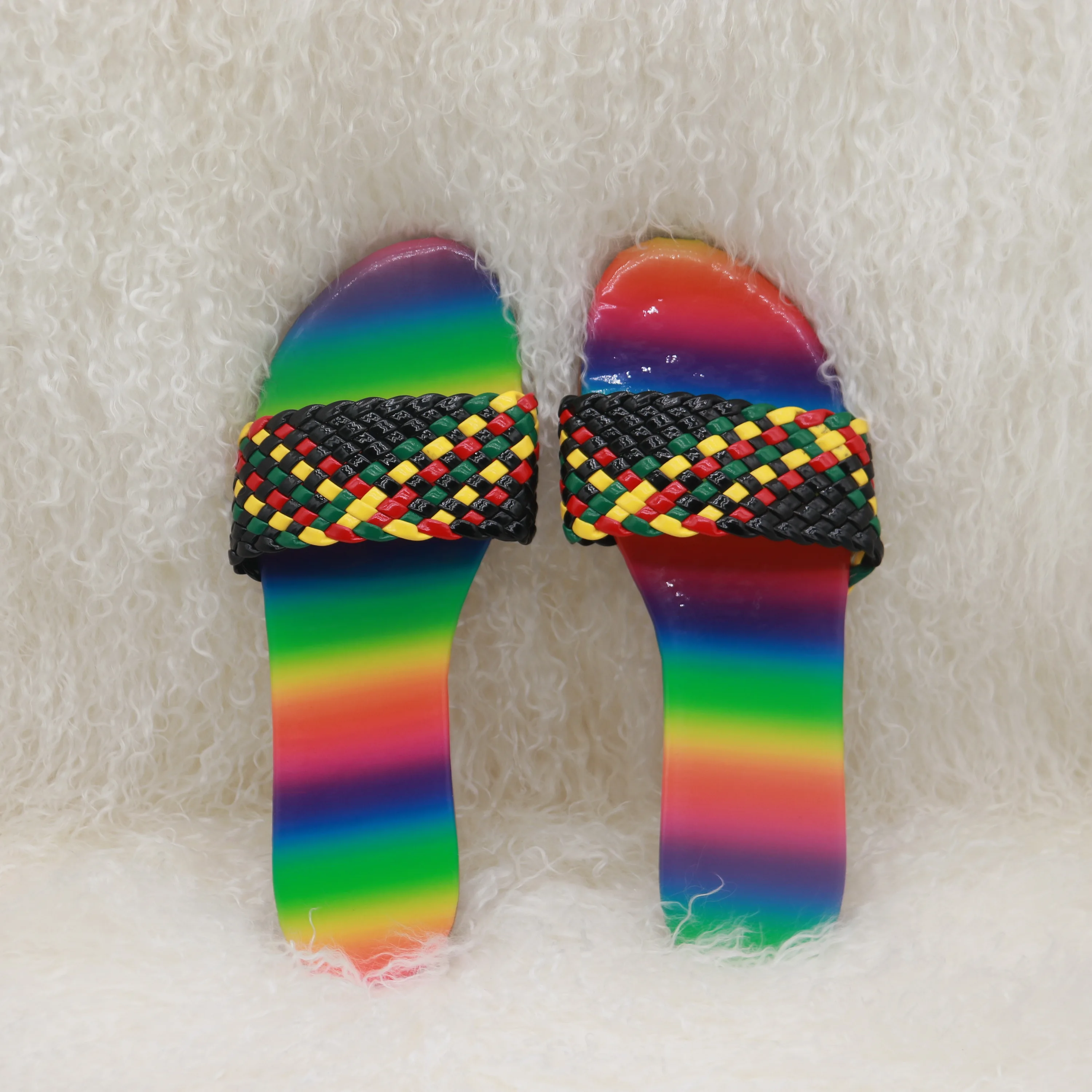 

Curlyfur new designer fashion ladies girls mix colorful rainbow style braided slides footwear, 4 colors