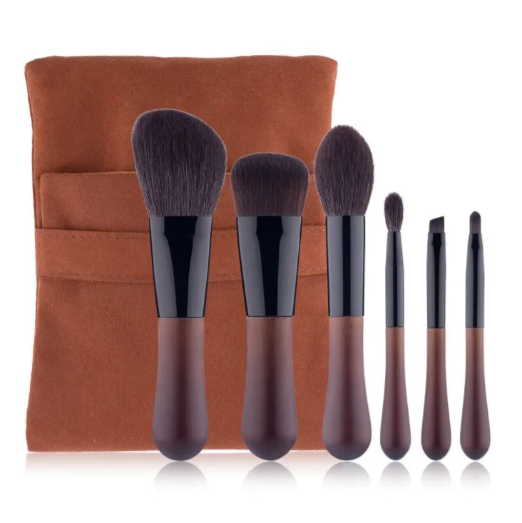 

6pcs Wood Color Cosmetics Tool Professional Portable Makeup Brushes, As pics