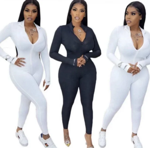 

Wholesale Women Tight fitting Zip up lucky label words embroidery one piece bodysuit, Avaliable