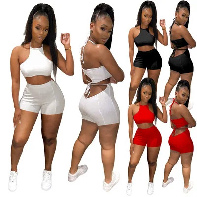 

B35946A 2021 Summer Ready to ship woman 2 pcs backless sexy bandage yoga shorts set, Black/white/pink/gray/green