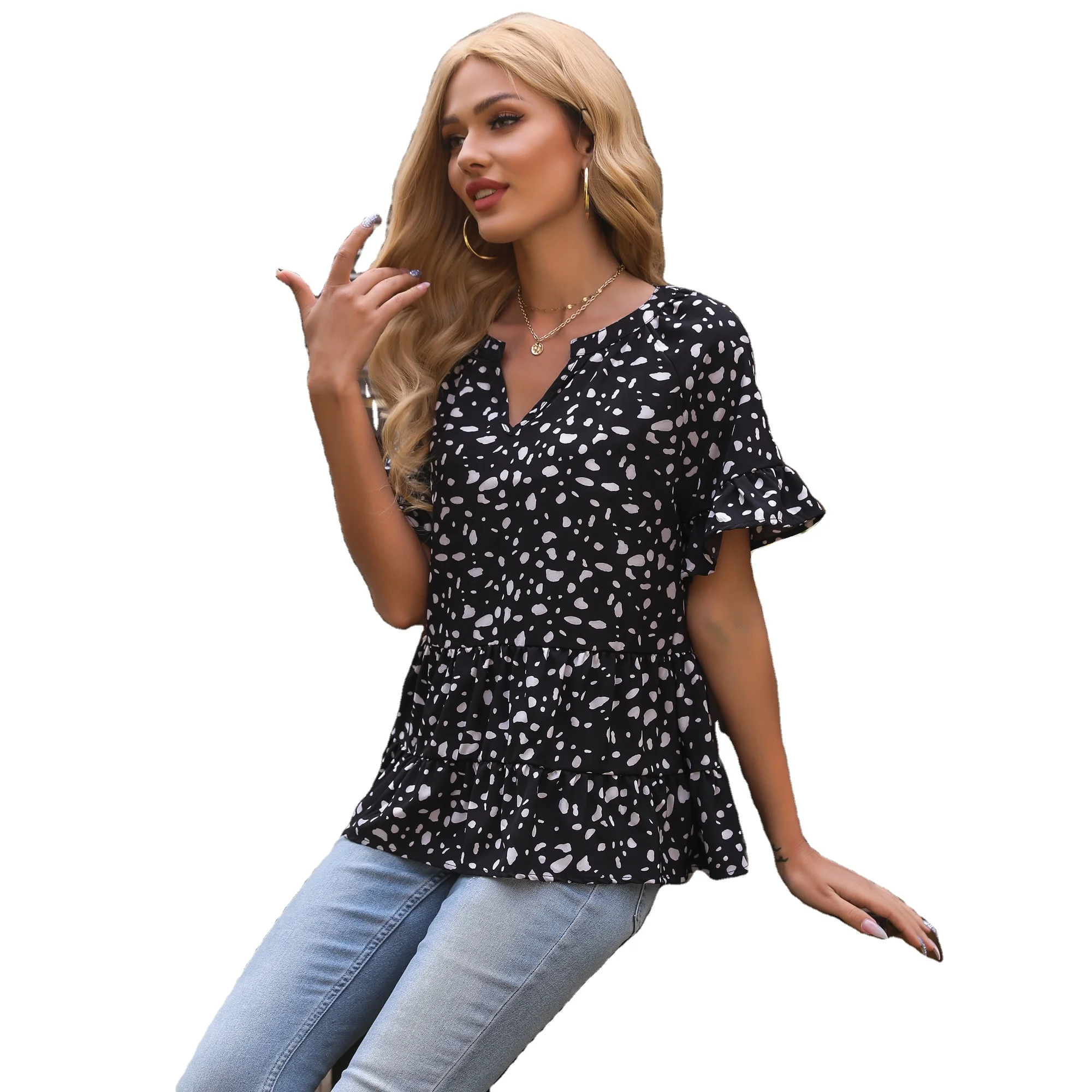 

New European and American chiffon top in 2021, short sleeve printed chiffon shirt with V-neck for women, Shown