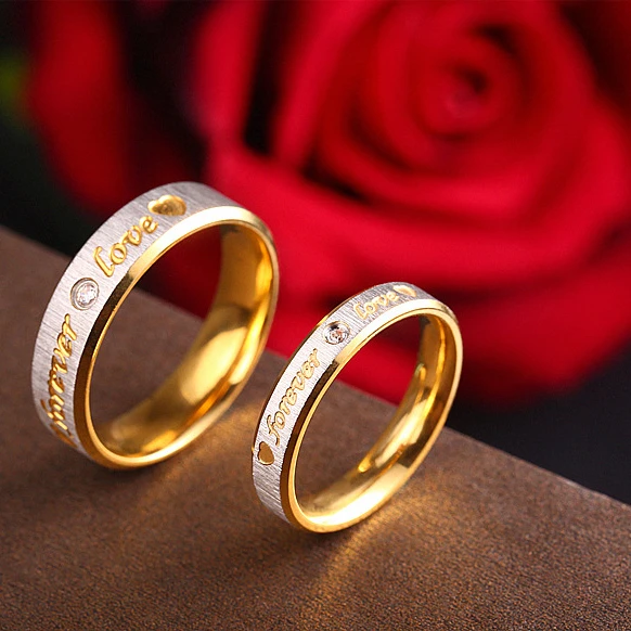 

Forever LOVE couple ring for men and women Stainless steel wedding fashion jewelry Titanium steel zircon 18k gold plated ring