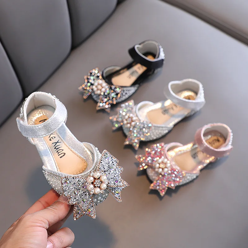 

2022 girls shoes spring and summer new children's princess blingbling crystal flower dress shoes MARY JANE FLAT shoeskids
