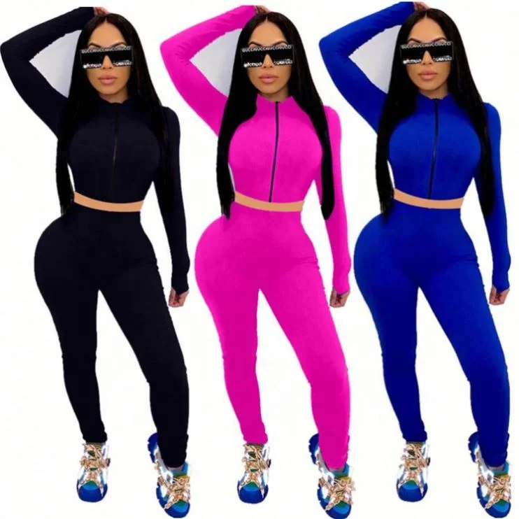 

Fashion Casual Skinny Sports Suit Solid Color Zip Ladies Jogging Suit Sexy 2 Pcs Track Suit Outfits Two Piece Set Women