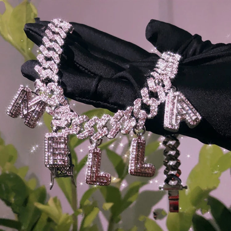 

2021 Fashion Custom Jewelry Bling Hip Hop DIY Baguette Name Necklace Personalized Letter Mens Miami Cuban Chain Necklace, Gold, silver, rose gold