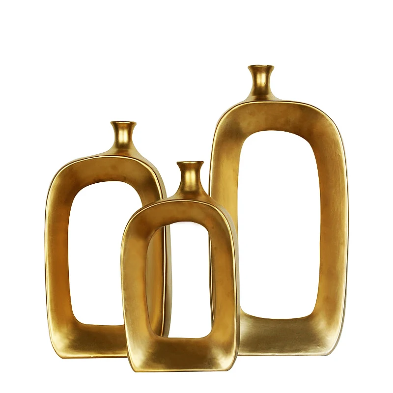 

Home Decoration Big Square Shape Flower Vases Abstract Creative Small Mouth Vases Wedding Gold, Golden