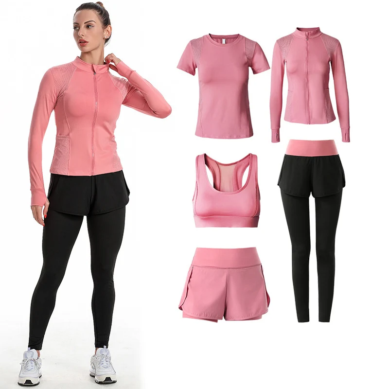 

Factory Custom Women 5pcs Sport Suits Fitness Yoga Sportswear Running Athletic Tracksuits, Black/pink/purple