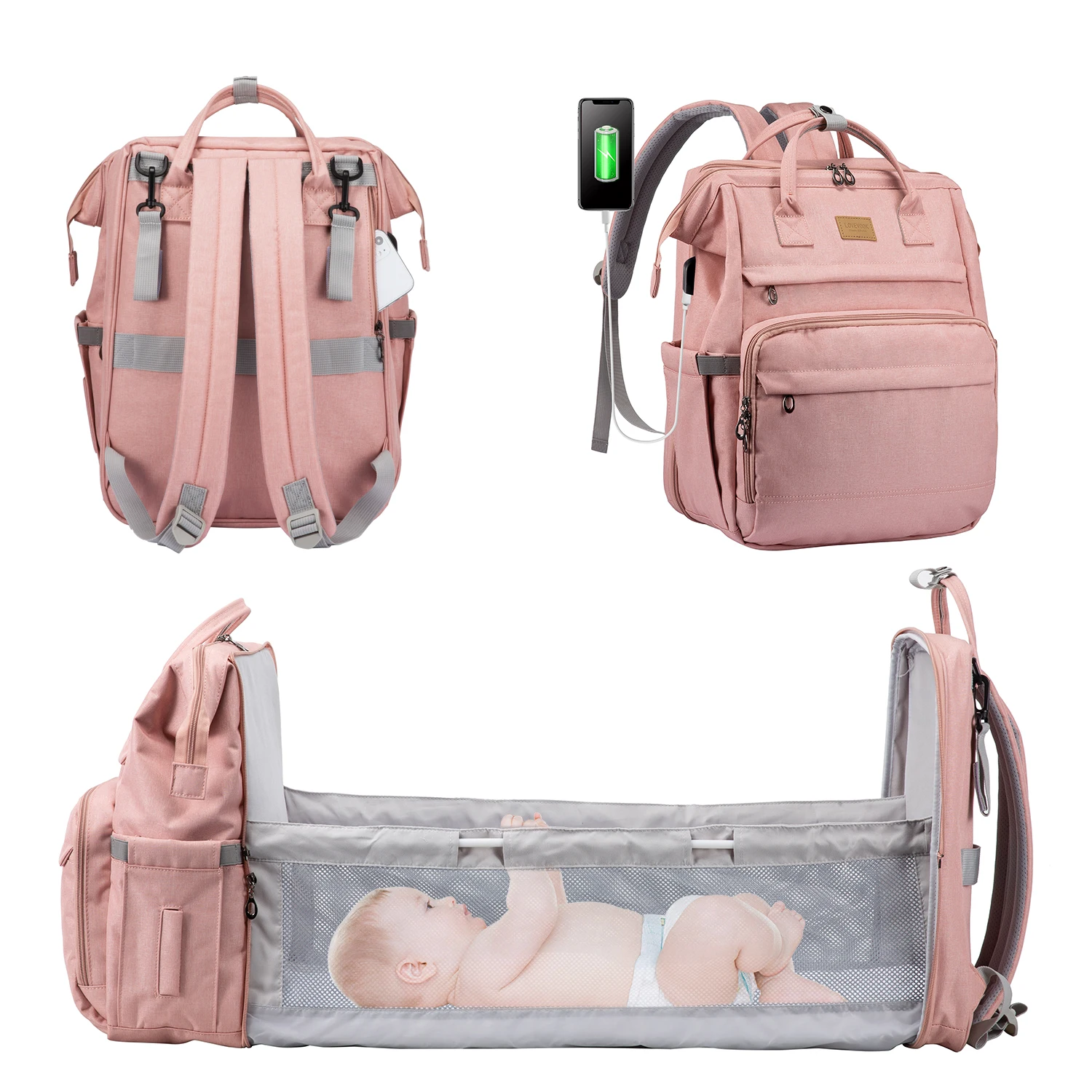 

LOVEVOOK promotion High Quality Diaper Bag Portable nappy wet bag waterproof mommy backpacks bed diaper bags, Customized colors