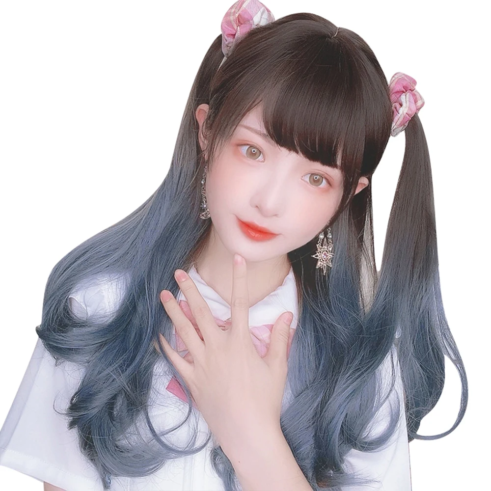 

Dark Brown Gradient Gray Blue Long Curly Hair Daily Natural Grooming Face Sweet Cute Princess Girls Cosplay Party Wigs, Pic showed
