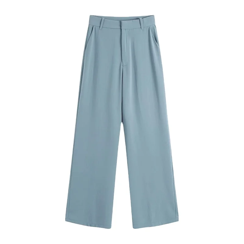 

Women Pants Casual High Waist Chic Office Ladies Female Elegant Straight Wide Leg Suit Pants Trousers For Ladies, Blue