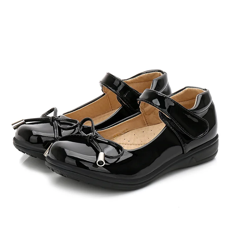 

new fashion Girls Leather Shoes Kid Wedding Dress Princess School Shoes child Bow-knot Black Student flat Sandals Korean shoes, White black