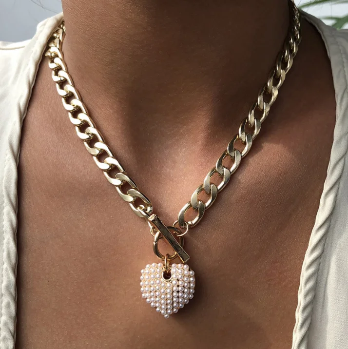 

Punk Hip Hop Necklace Creative Pearl Heart Pendant Choker Thick Chain Necklace 03NC163, Picture