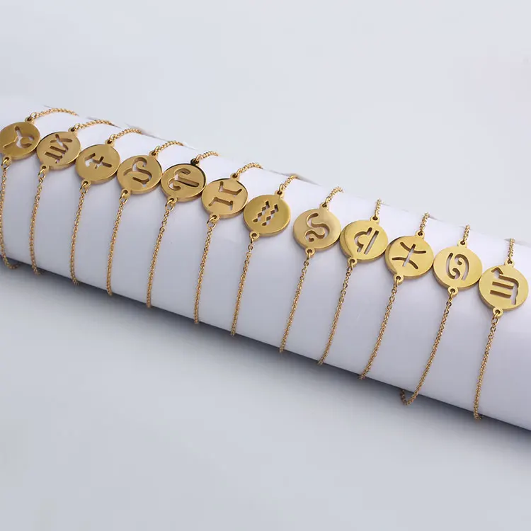 

F4U-B124 Full stock stainless steel gold plated horoscope pulseras zodiac jewelry charm adjustable bracelets for women