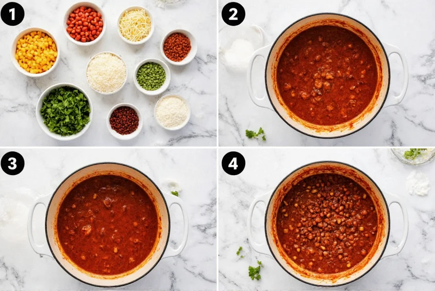 Step-by-step preparation of homemade beanless chili with ingredients arranged neatly