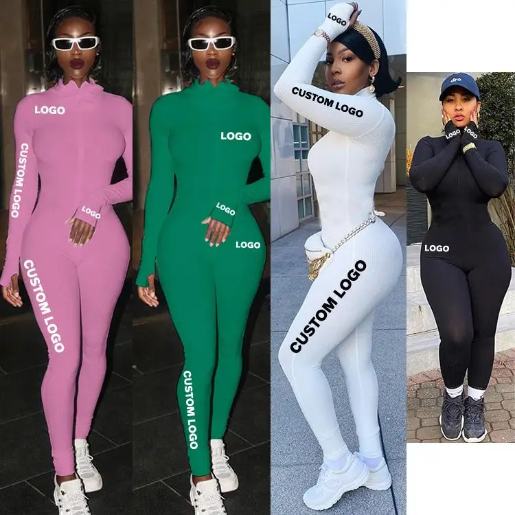 

Free Shipping explosion models long sleeve turtleneck Pit Stripe long jumpsuit women's good quality with embroidery logo, Customized color